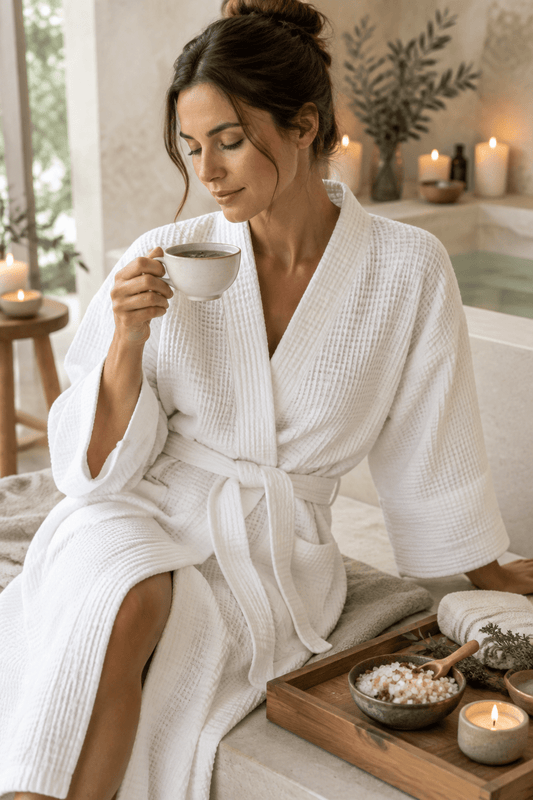 Surrey Down Spa 100% Cotton Waffle Kimono Robe - Down & Cotton